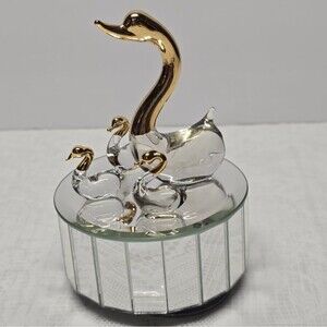 Vintage MCM Hand Blown Glass Swans With Babies Swan Lake Mirrored Music Box